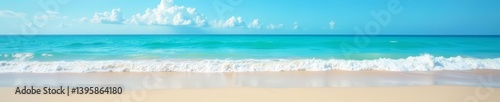 Sandy beach with gentle waves and clear blue sky, aesthetic, copy space