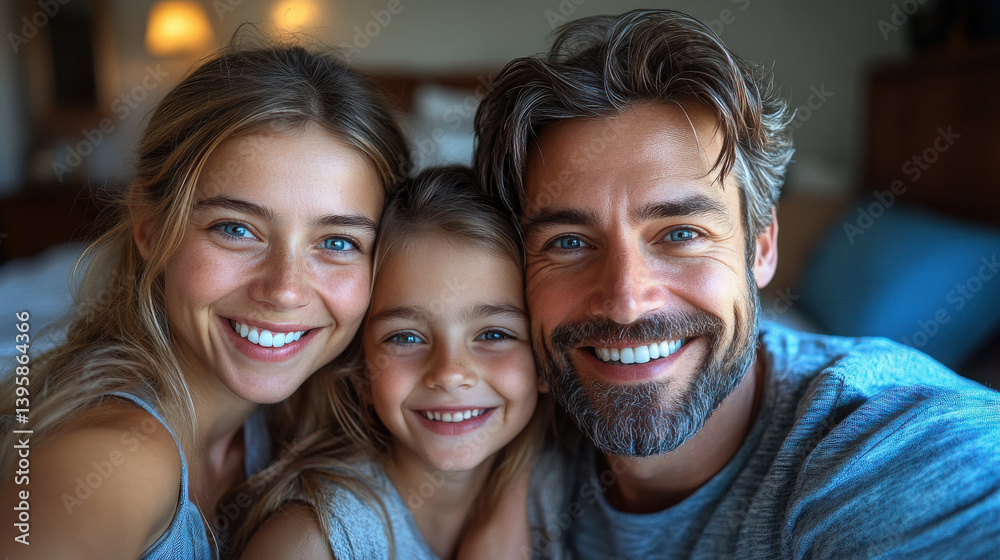 Portrait of family taking selfie in bedroom, happy expression. Portrait of family taking selfie in bedroom, happy expression.