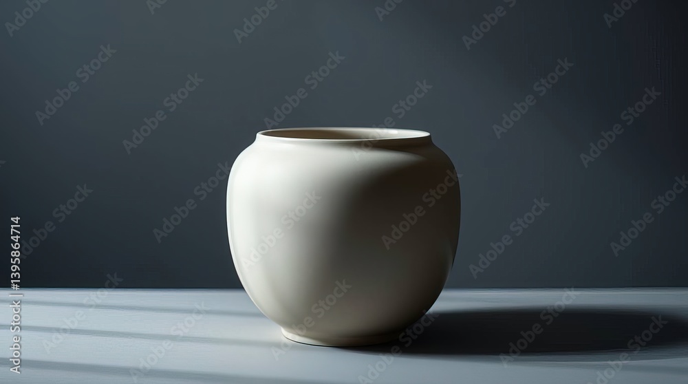 A simple white vase sitting on a surface with a dark gray backdrop