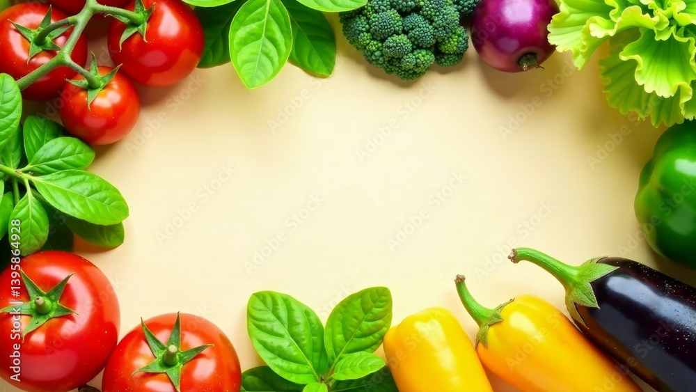 A vibrant arrangement of fresh vegetables forming a border, showcasing the beauty of nature's bounty A vibrant arrangement of fresh vegetables forming a border, showcasing the beauty of nature's bounty