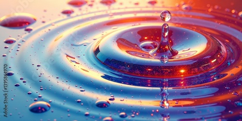 Vibrant liquid droplet impacting a surface, creating mesmerizing concentric ripples and radiant color reflections