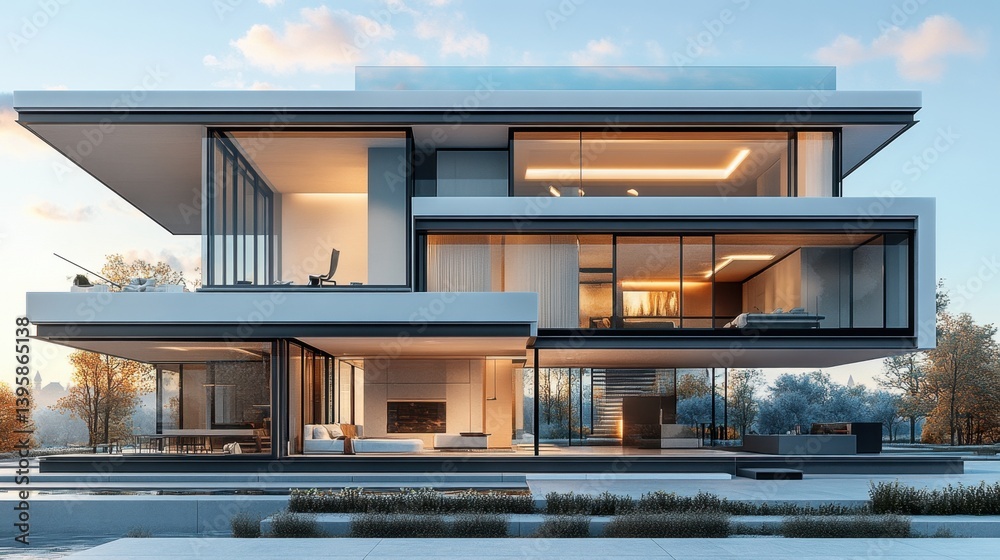 Luxurious Modern Architecture with Open Glass Design at Sunset Luxurious Modern Architecture with Open Glass Design at Sunset