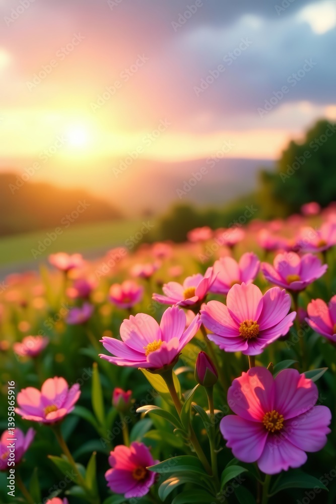Obraz premium Scenic landscape of blooming pink flowers under the early morning sun, meadow, nature
