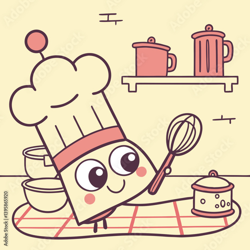 Cartoonish chef’s hat with a cute smile and kitchen tools