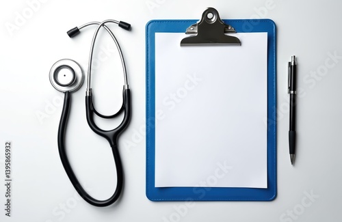 Medical concept. Stethoscope, pen, clipboard with empty white sheets on white background. Healthcare, medicine, exam, diagnostic, research, health. Advertisement, banner, copy space.