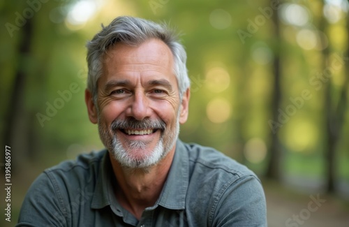 Middle-aged man with grey hair beard smiling at camera in park. Positive portrait of mature male. Green background, blurred bokeh lights, natural lighting. Headshot, outdoor photoshoot, daylight,