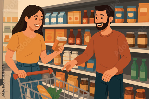 Happy couple shopping in grocery store aisle with full cart