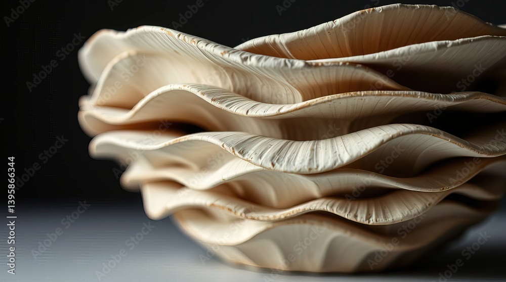 Close up of a layered cream colored object with a dark background