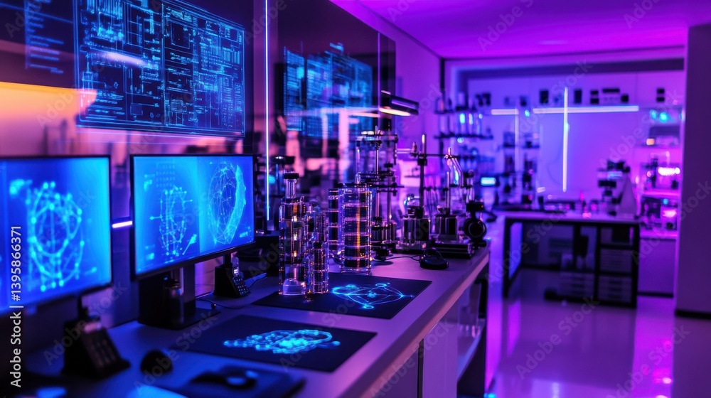 High-tech Lab with Futuristic Quantum Computer Setup High-tech Lab with Futuristic Quantum Computer Setup