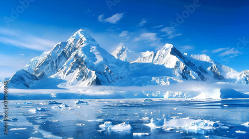 Snowy mountain range under a blue sky with icebergs in the water on a bright sunny day view landscape .