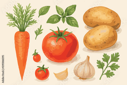 Fresh vegetable collection with carrot, tomato, and potatoes for healthy recipes