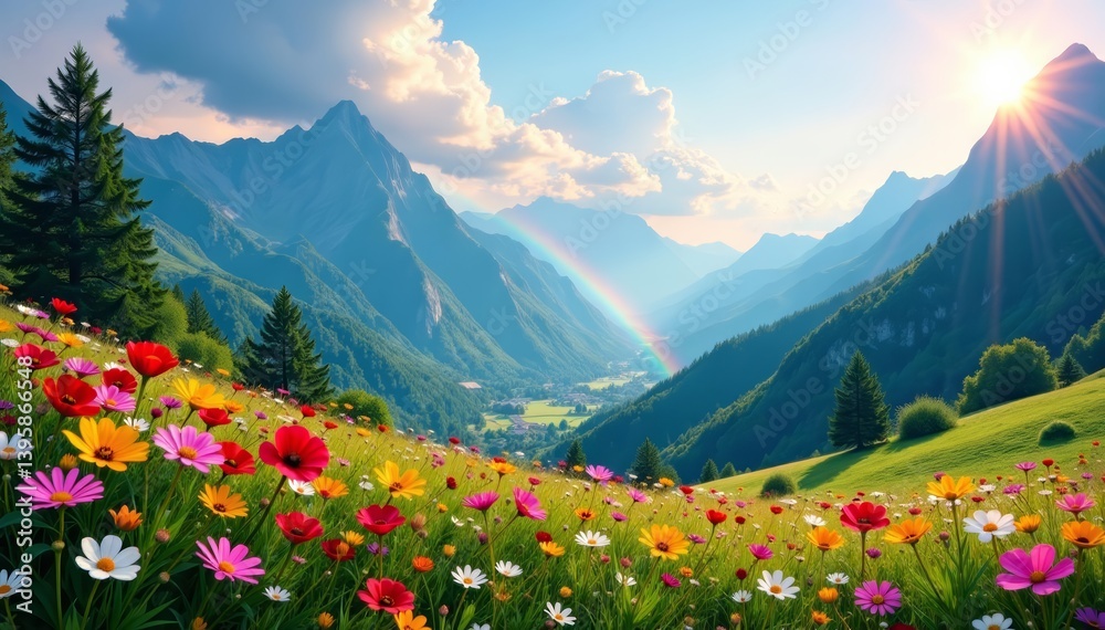 Fototapeta premium Scenic view of majestic mountains with blooming wildflowers under a rainbow, view, landscape, wildflowers