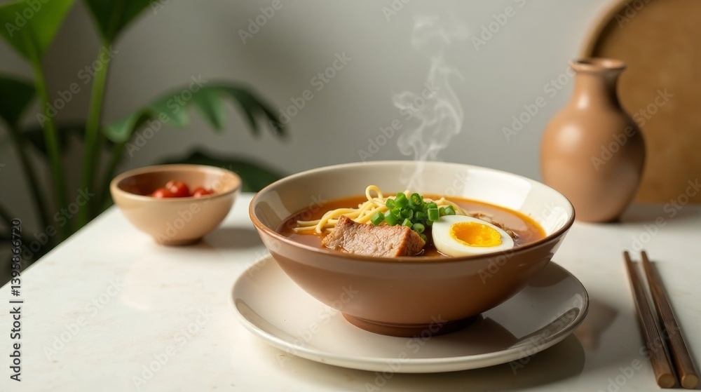 Aromatic Steaming Bowl of Savory Noodle Soup with Soft Boiled Egg and Tender Meat Aromatic Steaming Bowl of Savory Noodle Soup with Soft Boiled Egg and Tender Meat
