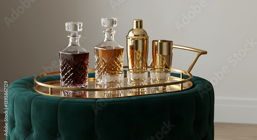 Velvet Upholstered Bar Cart with Crystal Decanters and Gold Tray Accessories