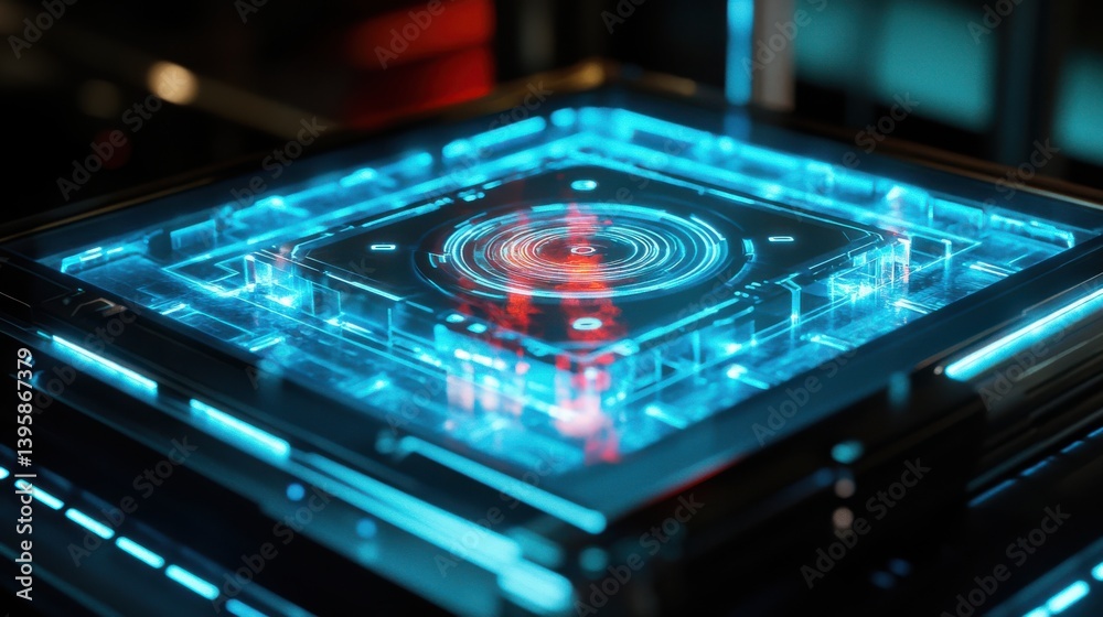 Obraz premium Close-up of Glowing Holograms on Futuristic Quantum