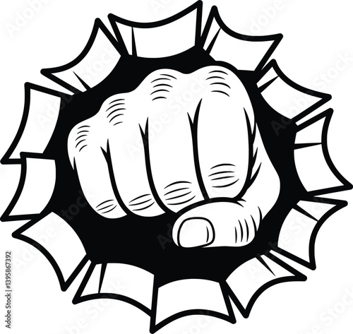Punch Fist Breaking Wall Graphic, Bold Comic Style Power Icon.
