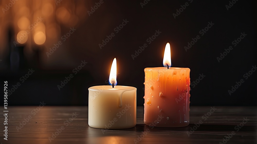 A lit candle with a bright orange flame sits atop a white surface A lit candle with a bright orange flame sits atop a white surface