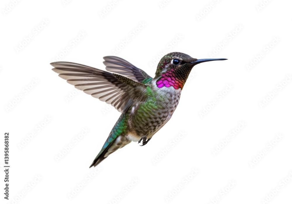 Fototapeta premium Isolated hummingbird flying with wings spread wildlife image isolated on white background