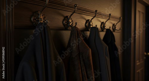 Ornate Wall Hooks Adorned with Vintage Coats for Home Decor Sales photo