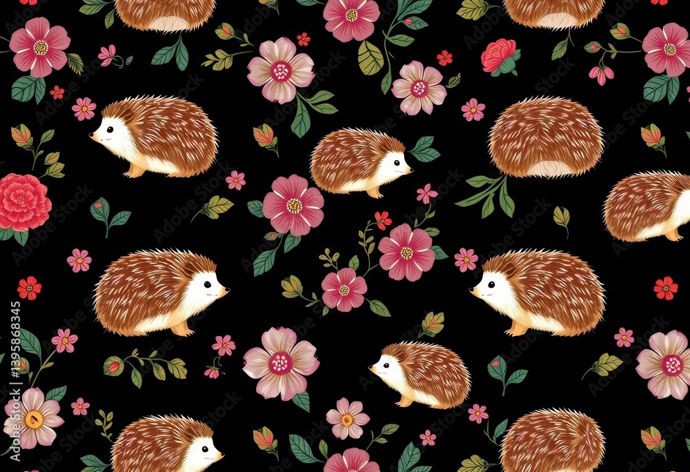 Seamless black background with whimsical floral pattern and adorable hedgehogs, kids, illustration Seamless black background with whimsical floral pattern and adorable hedgehogs, kids, illustration