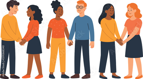 Diverse couples holding hands illustration for friendship and community design