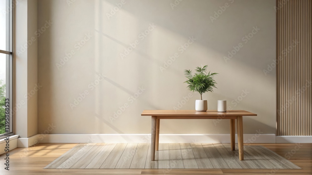 Fototapeta premium Minimalist interior design sunlit room with wooden table, potted plant, and neutral wall