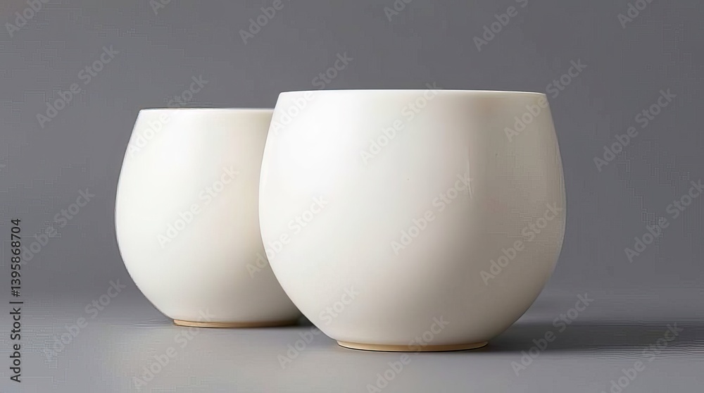 Two white ceramic cups on a gray surface in a studio setting still life
