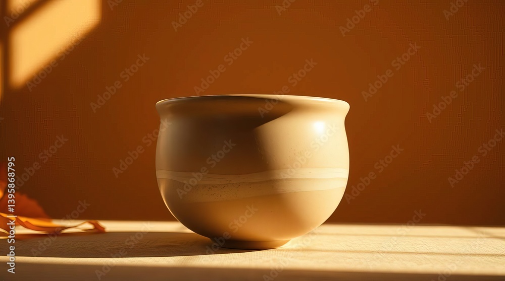 Ceramic bowl in warm light against a brown background with leaf detail