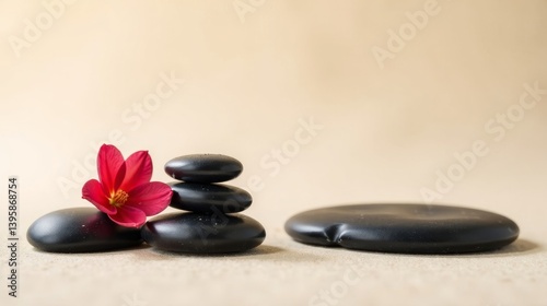 Serene Spa Setting with Stacked Smooth Black Stones and a Vibrant Red Bloom on a Neutral Background