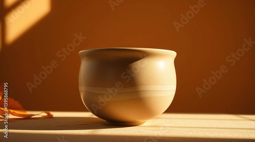 Obraz na płótnie Ceramic bowl in warm light against a brown background with leaf detail w salonie