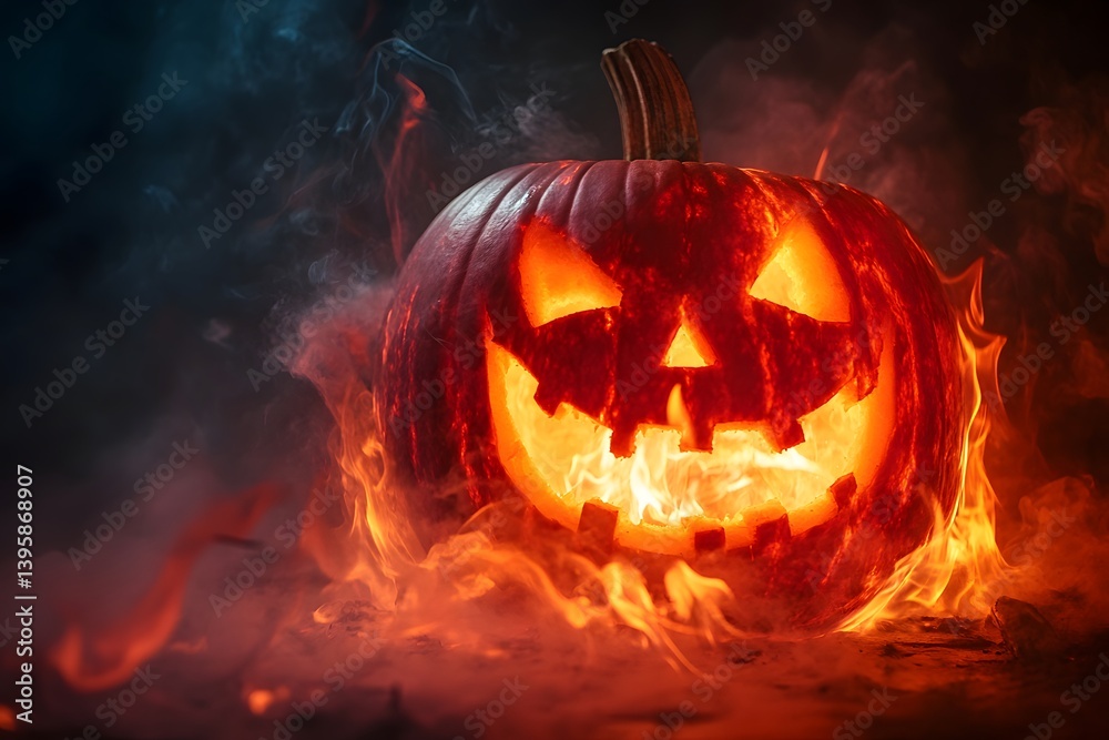 Fototapeta premium Halloween pumpkin with carved face surrounded by flames and smoke.