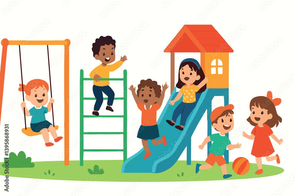 Joyful children playing together at playground with slide and swing Joyful children playing together at playground with slide and swing
