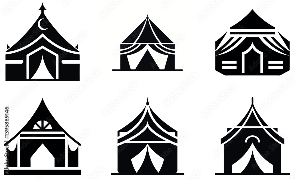 Obraz premium Simple black and white illustrations of various tents and mosques.