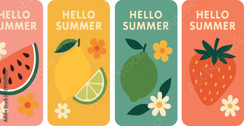 Vibrant summer fruit banners with watermelon, lemon, lime, and strawberry