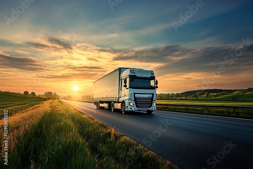 Modern Truck Driving on Asphalt Road at Sunset Against Golden Sky Landscape