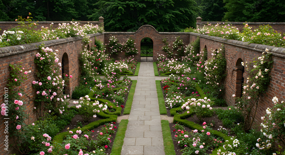 Naklejka premium Tranquil Victorian Walled Garden With Symmetrical Flower Beds At Summertime
