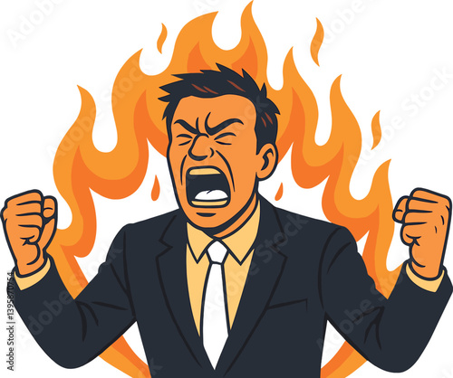 Angry businessman with fiery background symbolizing stress and intensity