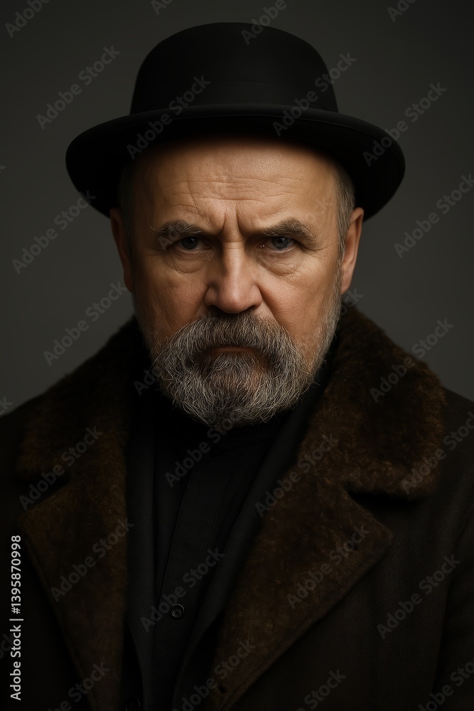 Studio portrait of an old serious man in a black hat with a gray mustache and beard in brown clothes Studio portrait of an old serious man in a black hat with a gray mustache and beard in brown clothes