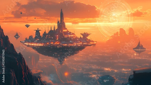 City in the Sky: An imaginative cityscape floats in a vibrant, orange-hued sky, showcasing a futuristic metropolis with intricate architectural designs and an awe-inspiring ambiance.