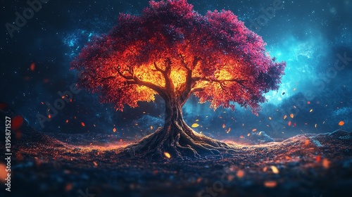 majestic tree with sprawling branches and radiant sun shining through its leaves creates serene and uplifting atmosphere.