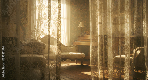 Sunlit Parlor Scene with Vintage Lace Curtains and Piano Still Life