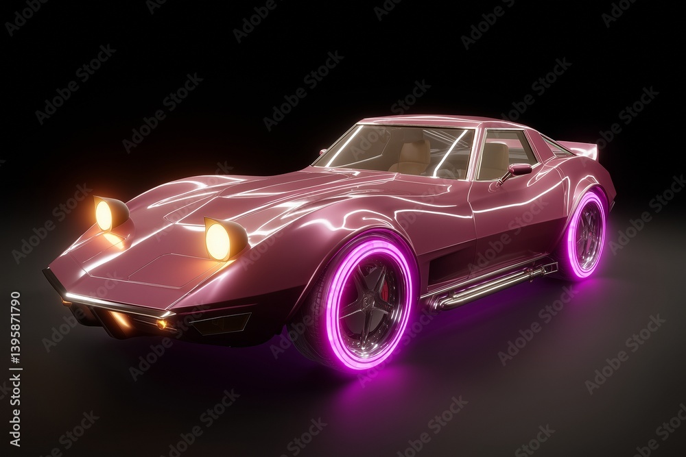 glowing synthwave car with chrome body and illuminated wheels glowing synthwave car with chrome body and illuminated wheels