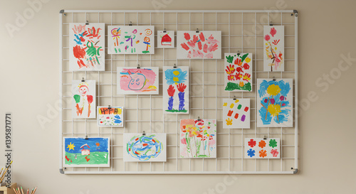 Wall Grid Panel Displaying Kids Artwork Home Decor Idea Concept
