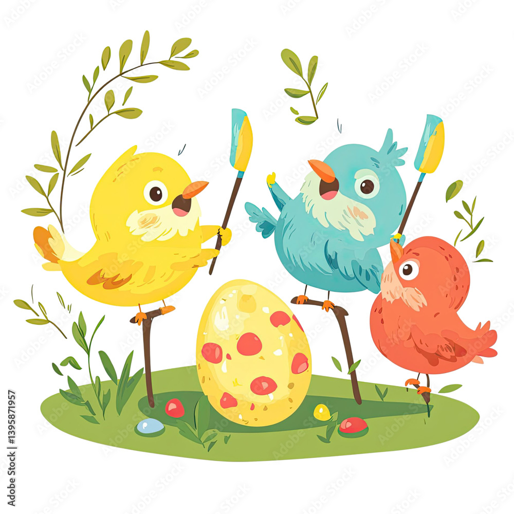 Three colorful birds stand on sticks playing with decorated Easter egg in grass field vector illustration Three colorful birds stand on sticks playing with decorated Easter egg in grass field vector illustration