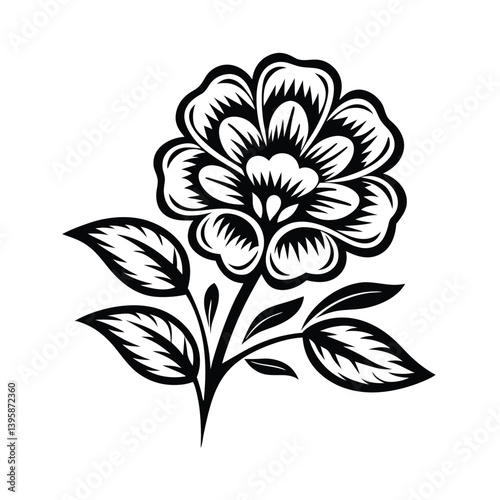 Ornamental Black Flower Silhouette, Elegant Floral Design with Leaf, Minimalist Art