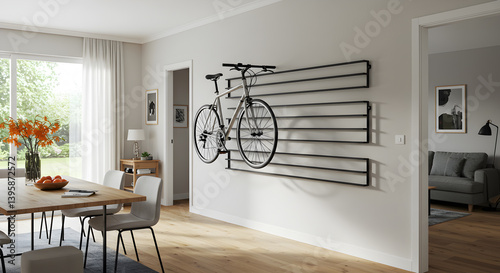Modern Living Space Featuring Wall Mounted Bike Rack and Room Divider