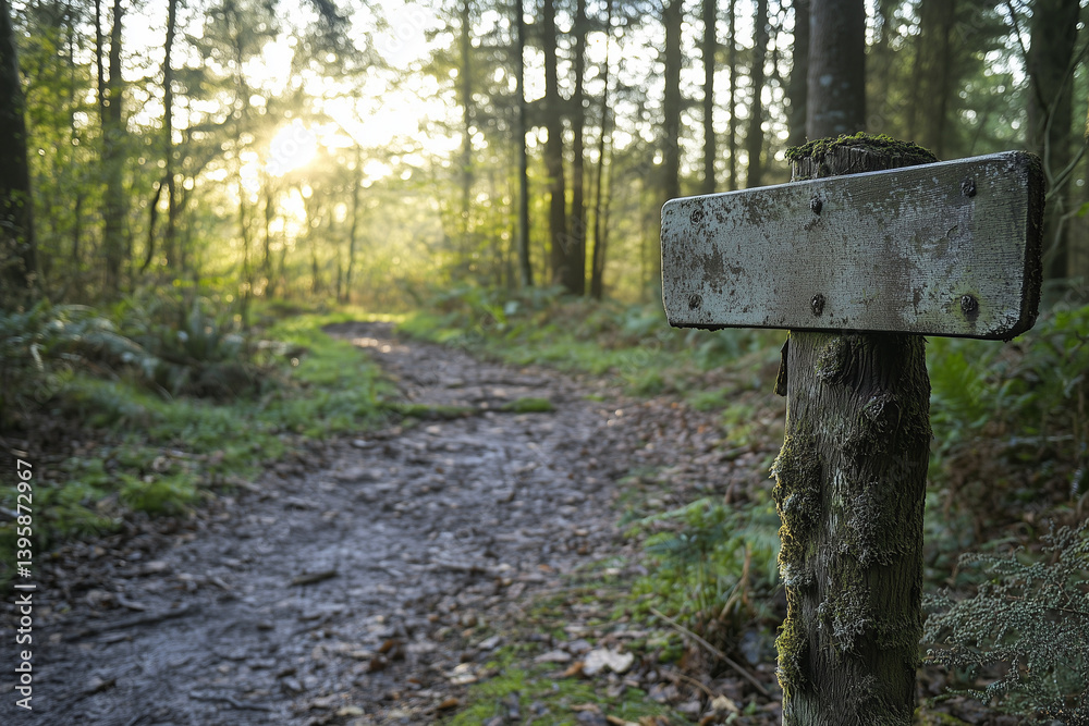 Trail Through Forest with Wooden Sign at Pathway Entrance Nature Scene Trail Through Forest with Wooden Sign at Pathway Entrance Nature Scene