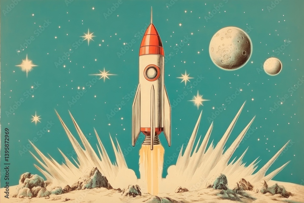 Obraz premium Vintage Comic Book-Style Rocket Launching Into a Starry Sky With Planets and Celestial Bodies in the Background
