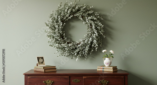 Wall Mounted Dried Eucalyptus Wreath Above a Vintage Dresser Still Life