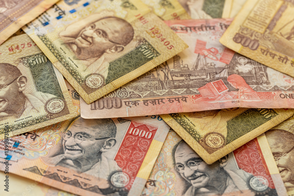 Indian rupees, Old banknotes, retired Indian money one thousand and five hundred rupees. Financial concept. close up